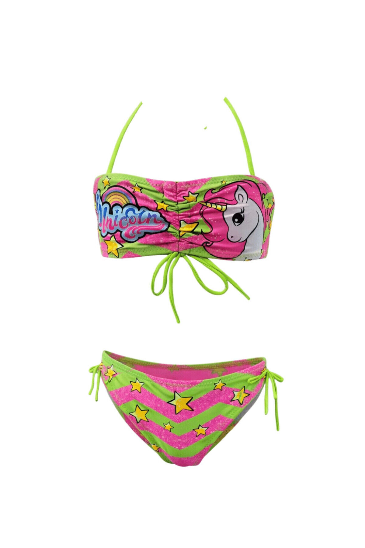 Kız Çocuk Neon Yeşil Unicorn Desenli 2-8 Yaş Straplez Bikini Takım PLD24S-3011