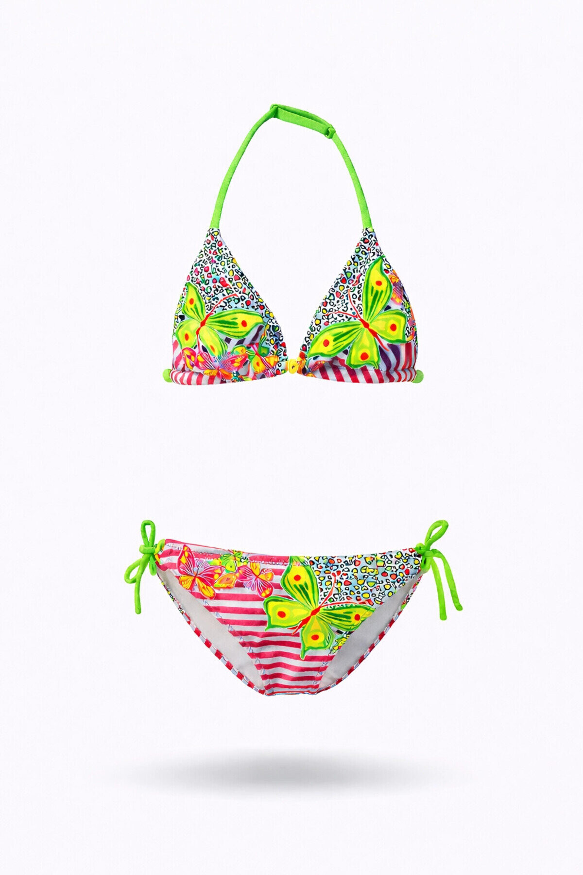 Kız Çocuk Pembe Kelebek Desenli 2-8 Yaş Üçgen Bikini Takım PLD24S-3006