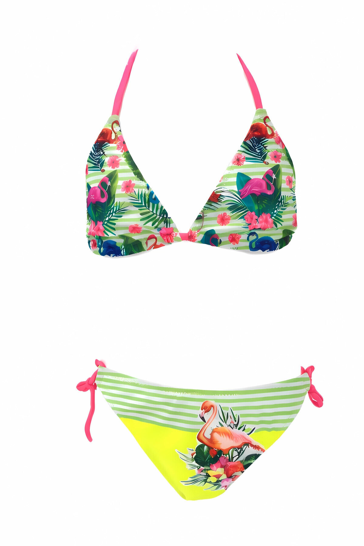 Kız Çocuk Sarı Yeşil Flamingo Glow Desenli 6-14 Yaş Üçgen Bikini Takım PLD26S-3002