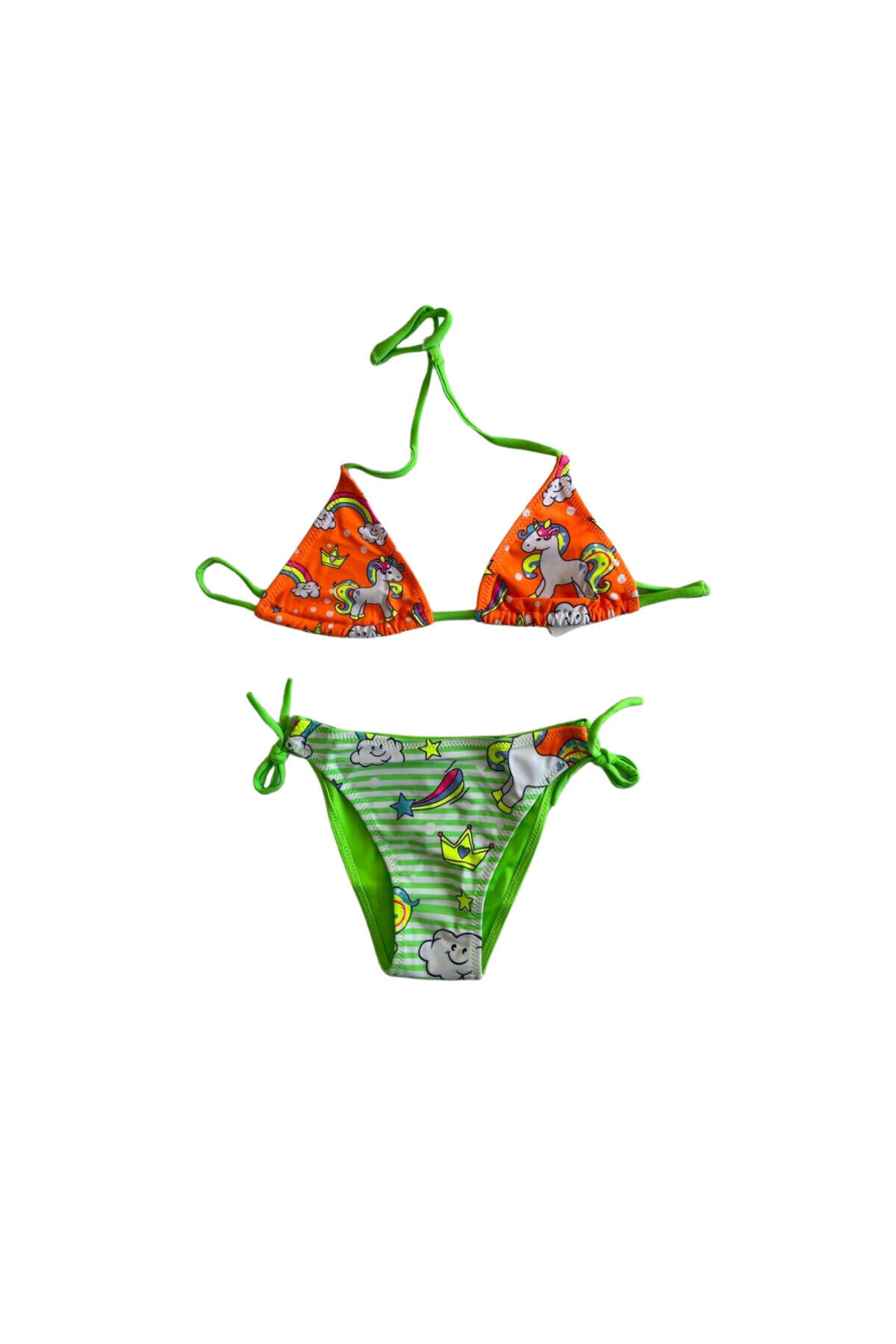 Kız Çocuk Turuncu Yeşil Unicorn Temalı Bikini Takım PLD25S-3005