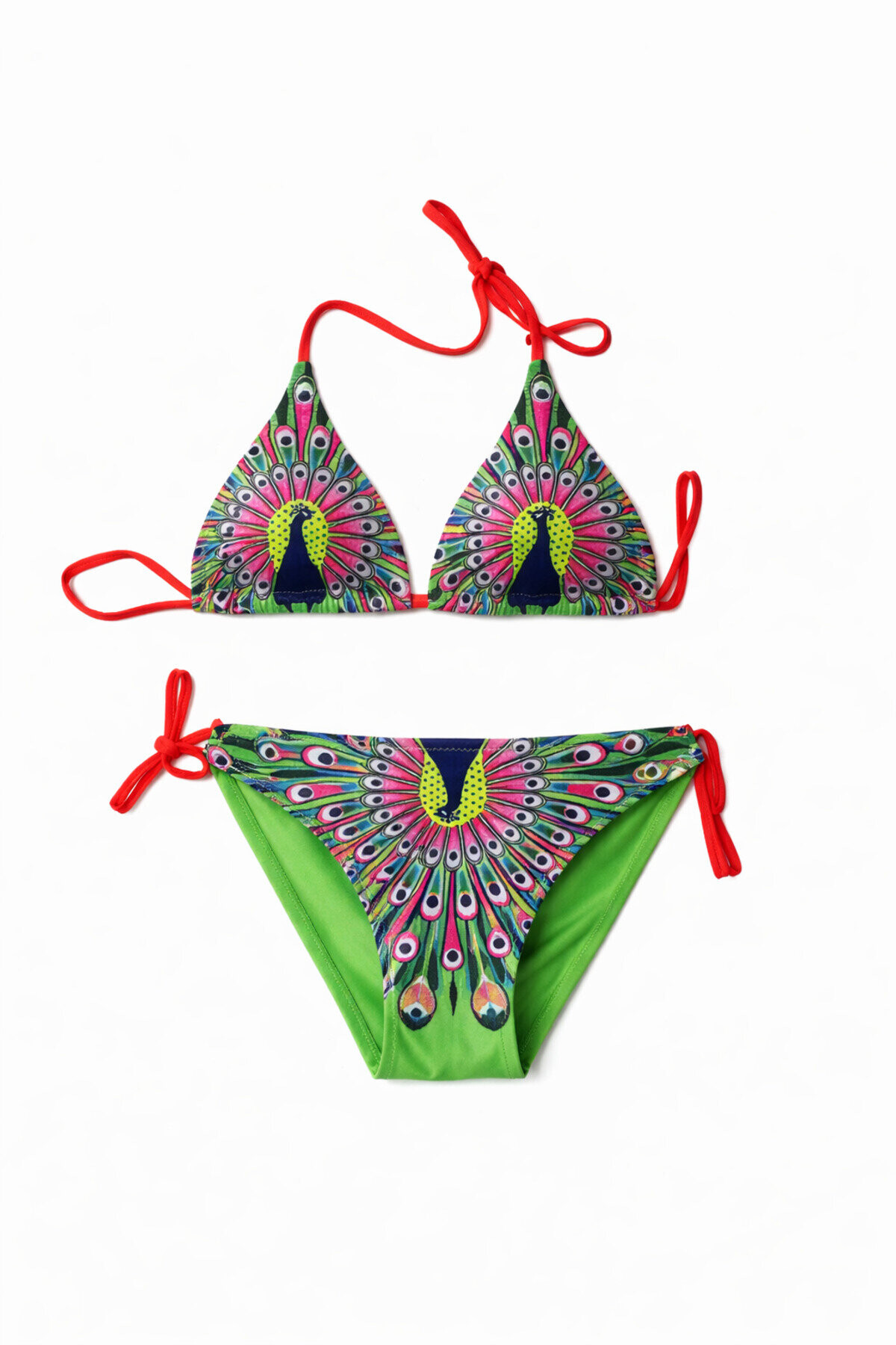 Kız Çocuk Yeşil Tavus Kuşu Desenli 6-14 Yaş Üçgen Bikini Takım PLD24S-3003
