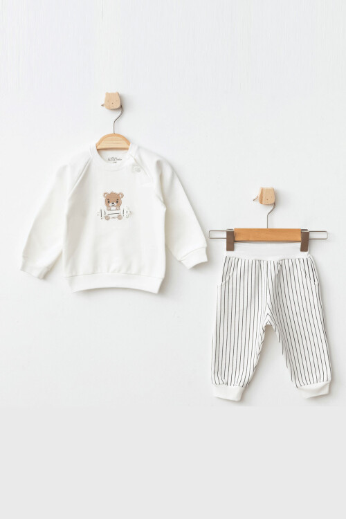 Erkek Bebek Ayı Nakışlı Sweatshirt Pantolon 2  li Alt Üst Bebek Takımı 3 Ay - 36 Ay