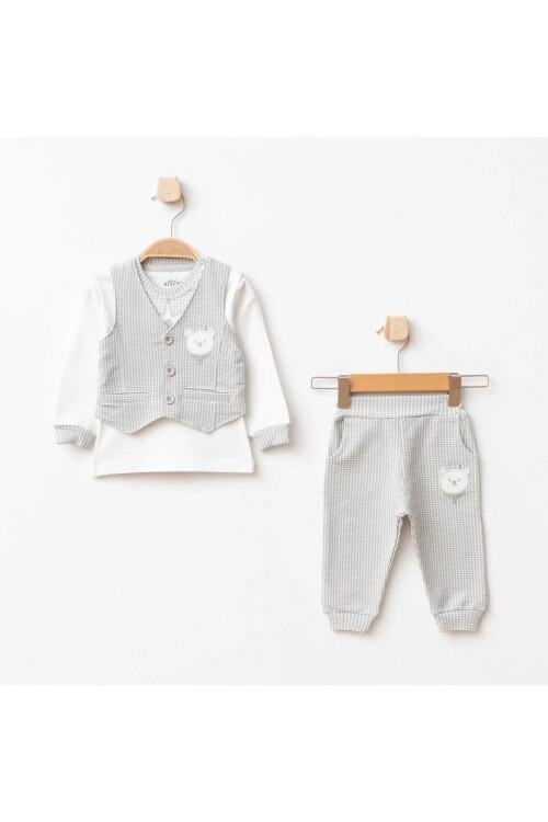 Erkek Bebek Ayı Nakışlı Sweatshirt Yelek Pantolon 3  lü Alt Üst Bebek Takımı 3 Ay - 36 Ay