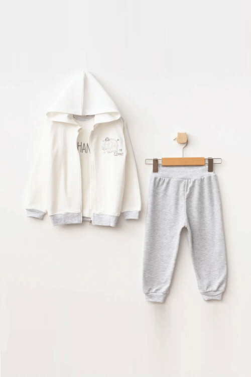 Erkek Bebek Fil Nakışlı Sweatshirt Pantolon T-shirt 3 lü Alt Üst Bebek Takımı 3 Ay-24 Ay