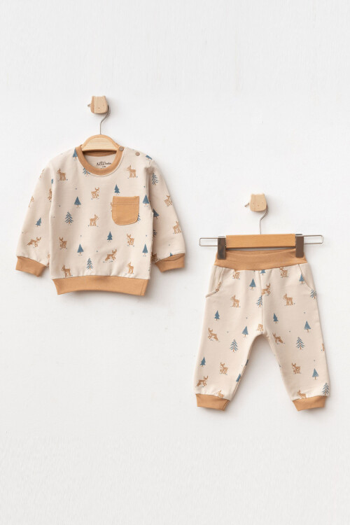 Erkek Bebek Geyik Desenli Sweatshirt Pantolon 2  li Alt Üst Bebek Takımı 3 Ay - 36 Ay