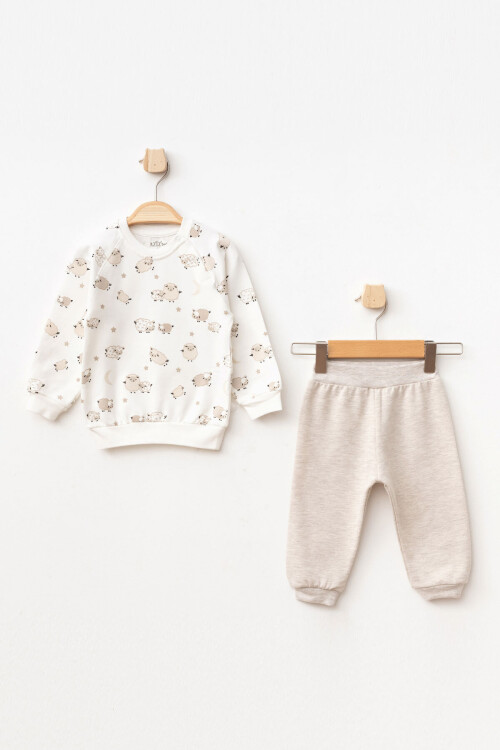 Erkek Bebek Kuzu Desenli Sweatshirt Pantolon 2  li Alt Üst Bebek Takımı 3 Ay - 18 Ay