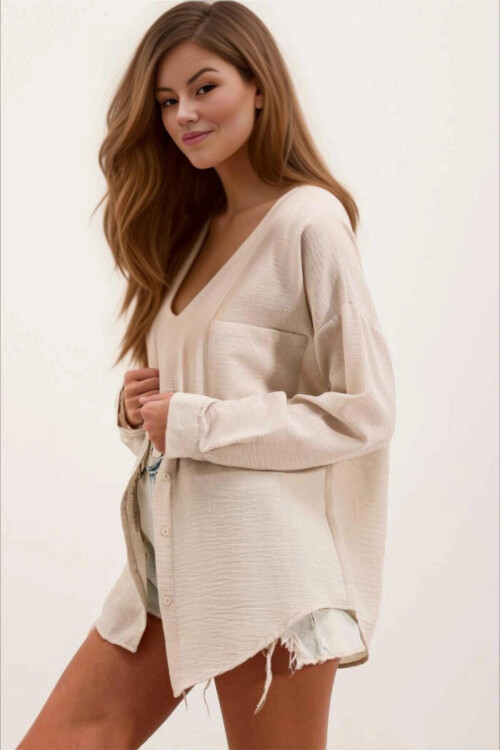 Kadın Açık Bej Tek Cepli Oversize Keten Ayrobin Gömlek PLD24S-3121