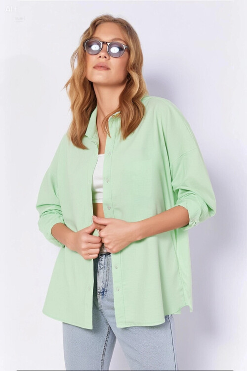 Kadın Açık Yeşil Oversize Uzun Basic Gömlek PLD22W-3118