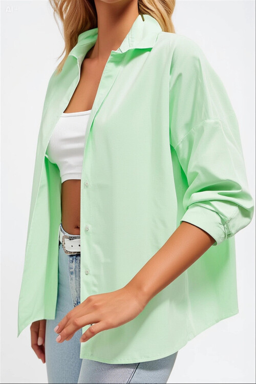 Kadın Açık Yeşil Oversize Uzun Basic Gömlek PLD22W-3118