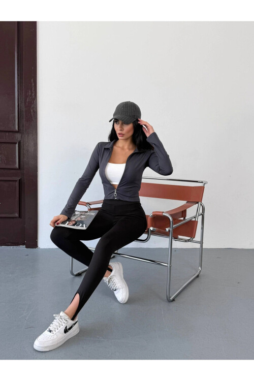 Kadın Antrasit Dalgıç Kumaş Fermuar Kapamalı Parmak Geçirmeli Sweatshirt PLD25W-3184