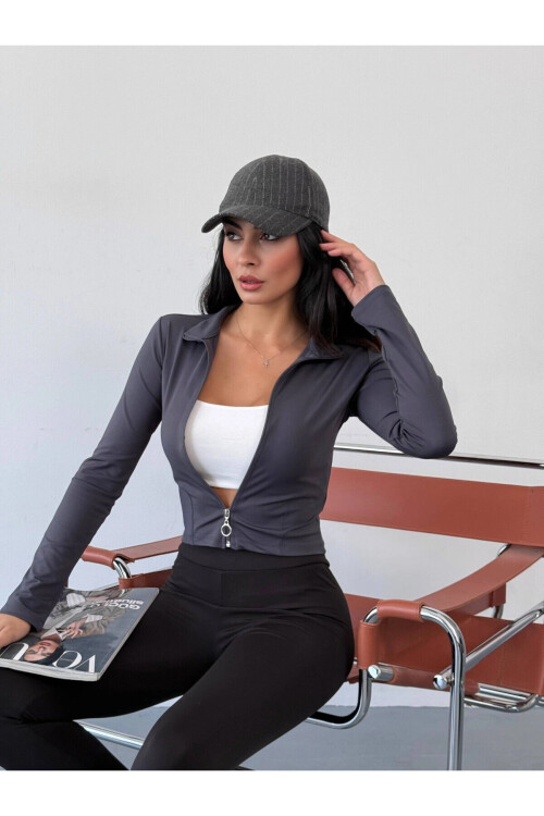 Kadın Antrasit Dalgıç Kumaş Fermuar Kapamalı Parmak Geçirmeli Sweatshirt PLD25W-3184