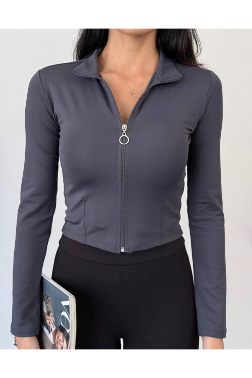 Kadın Antrasit Dalgıç Kumaş Fermuar Kapamalı Parmak Geçirmeli Sweatshirt PLD25W-3184