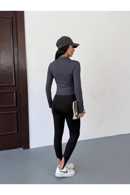 Kadın Antrasit Dalgıç Kumaş Fermuar Kapamalı Parmak Geçirmeli Sweatshirt PLD25W-3184