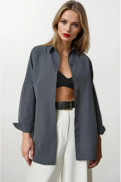Kadın Antrasit Geniş Kalıp Uzun Basic Gömlek HZL24W-BD139001