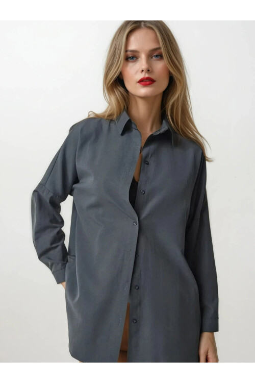 Kadın Antrasit Geniş Kalıp Uzun Basic Gömlek HZL24W-BD139001
