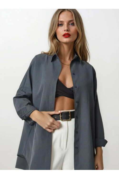 Kadın Antrasit Geniş Kalıp Uzun Basic Gömlek HZL24W-BD139001