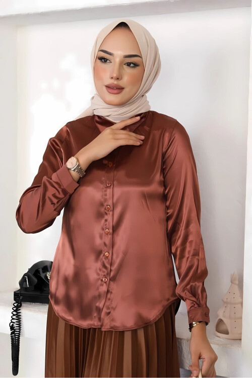 Kadın Bakır Saten Yüzeyli Tesettür Gömlek PLD25W-3191