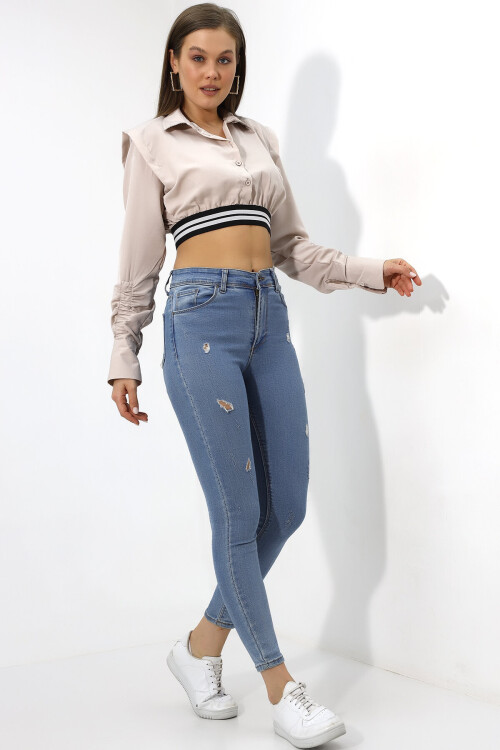 Kadın Bej Uzun Kollu Crop Detaylı Poplin Gömlek PLD23W-3129