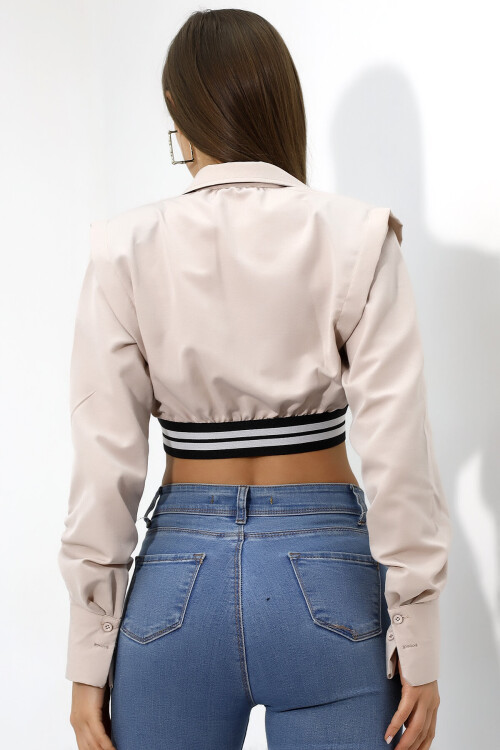 Kadın Bej Uzun Kollu Crop Detaylı Poplin Gömlek PLD23W-3129