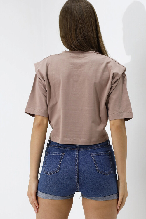 Kadın Bej Yazı Baskılı Oversize Vatkalı Bel Detay Örme T-Shirt PLD23S-3185