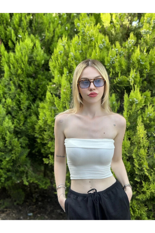 Kadın Beyaz Katlamalı Straplez Bluz PLD24S-3062