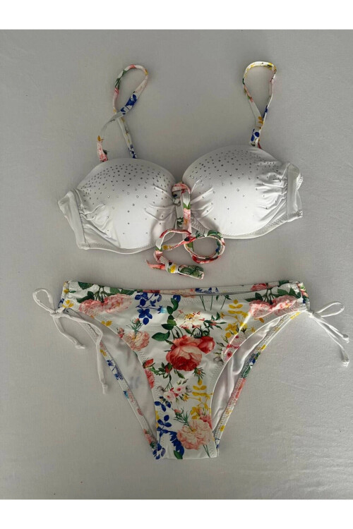 Kadın Beyaz Taş İşlemeli Astarlı Bikini Takım PLD25S-3018