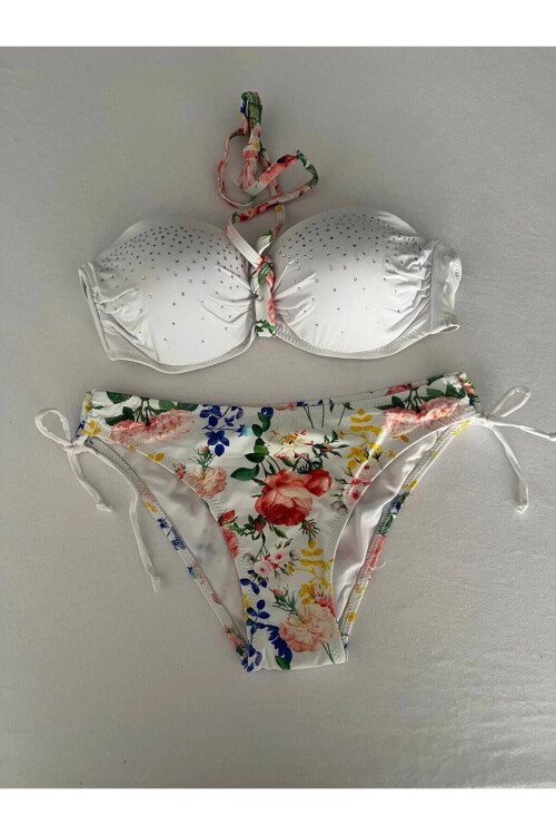 Kadın Beyaz Taş İşlemeli Astarlı Bikini Takım PLD25S-3018