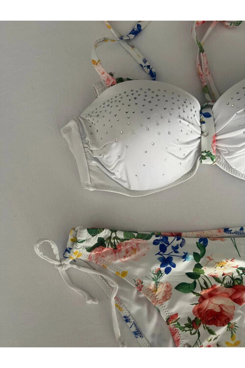 Kadın Beyaz Taş İşlemeli Astarlı Bikini Takım PLD25S-3018