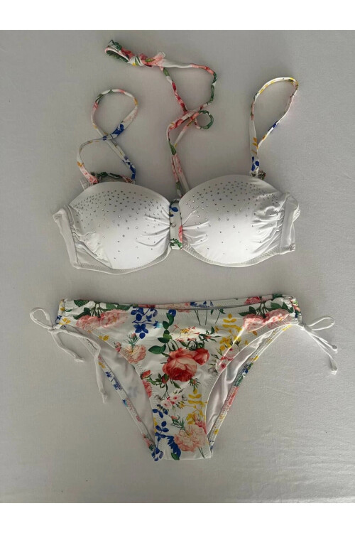 Kadın Beyaz Taş İşlemeli Astarlı Bikini Takım PLD25S-3018