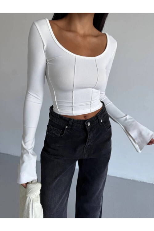 Kadın Beyaz Uzun Kollu Arkası Bağlamalı Fit Kesim Crop Bluz PLD25W-3048