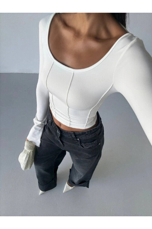 Kadın Beyaz Uzun Kollu Arkası Bağlamalı Fit Kesim Crop Bluz PLD25W-3048