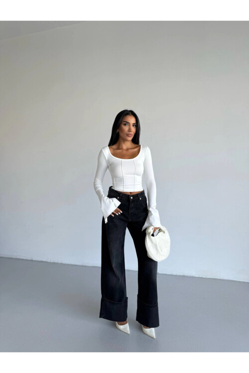 Kadın Beyaz Uzun Kollu Arkası Bağlamalı Fit Kesim Crop Bluz PLD25W-3048
