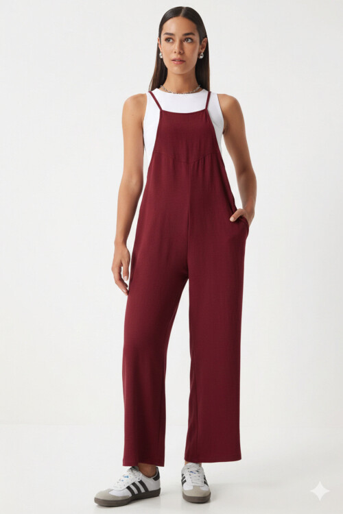 Kadın Bordo Ayarlanabilir Askılı Cepli Bol Paça Bahçıvan Tulum PLD22S-3207