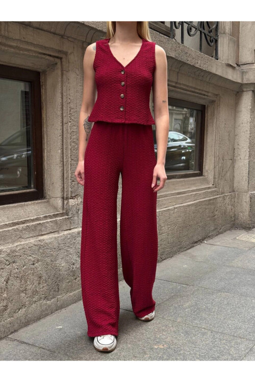 Kadın Bordo Beli Lastikli Gofre Kumaş Pantolon PLD24S-3178