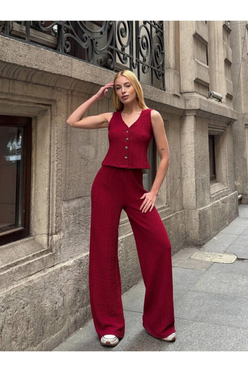 Kadın Bordo Beli Lastikli Gofre Kumaş Pantolon PLD24S-3178