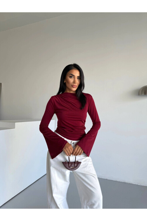 Kadın Bordo Drape Detaylı İspanyol Kol Sany Bluz PLD25W-3047