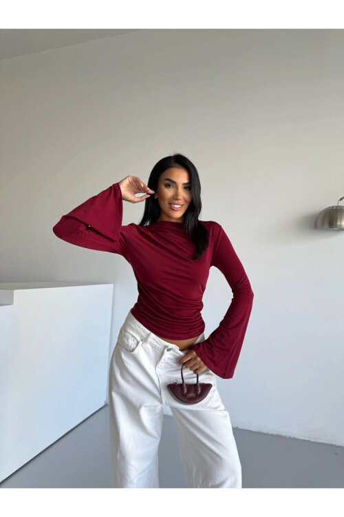 Kadın Bordo Drape Detaylı İspanyol Kol Sany Bluz PLD25W-3047