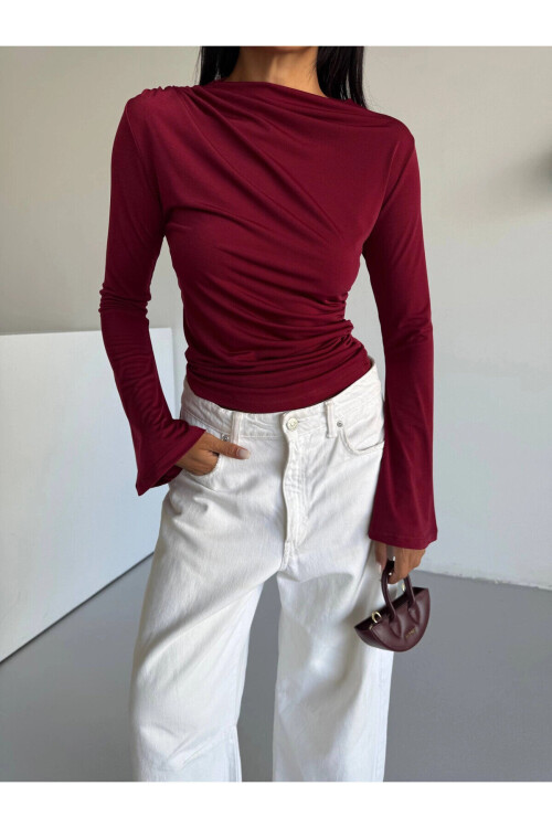 Kadın Bordo Drape Detaylı İspanyol Kol Sany Bluz PLD25W-3047