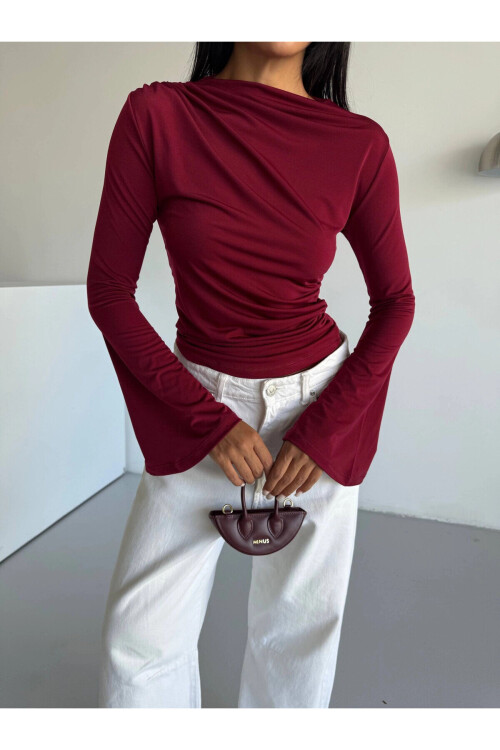 Kadın Bordo Drape Detaylı İspanyol Kol Sany Bluz PLD25W-3047