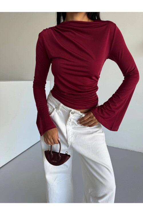 Kadın Bordo Drape Detaylı İspanyol Kol Sany Bluz PLD25W-3047