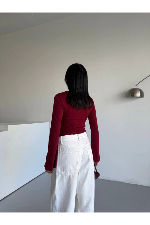 Kadın Bordo Drape Detaylı İspanyol Kol Sany Bluz PLD25W-3047