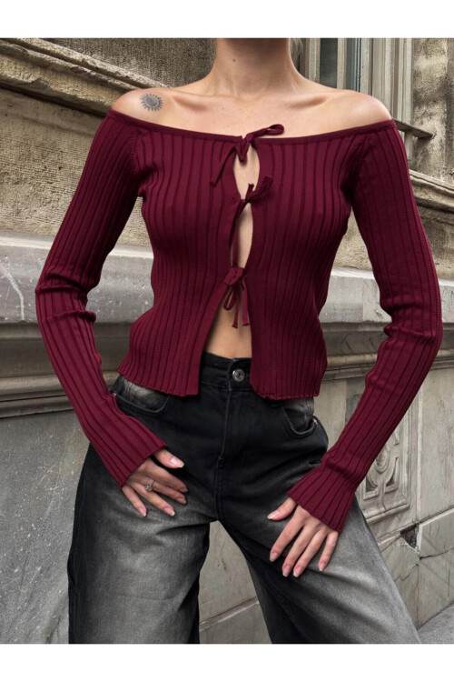 Kadın Bordo Önden Bağlamalı Madonna Yaka Crop Bluz PLD25W-3060