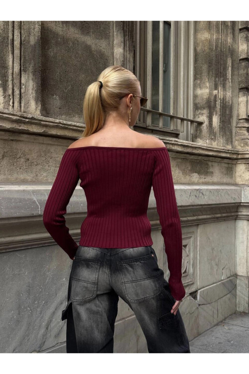 Kadın Bordo Önden Bağlamalı Madonna Yaka Crop Bluz PLD25W-3060