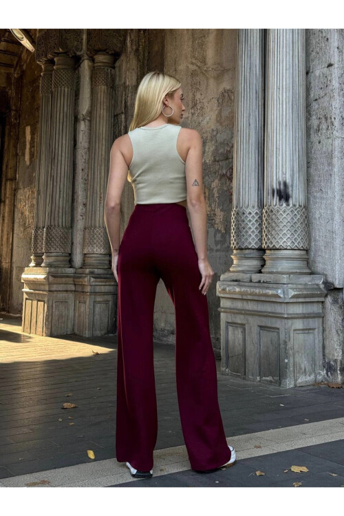 Kadın Bordo Yüksek Bel Kemer Detaylı İspanyol Paça Pantolon PLD25W-3180