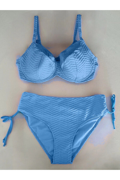 Kadın Buz Mavi Desenli Büyük Beden Astarlı Bikini Takım PLD25S-3022