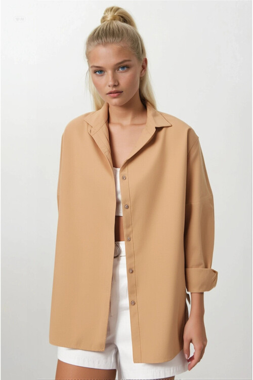 Kadın Camel Oversize Uzun Basic Gömlek PLD22W-3118