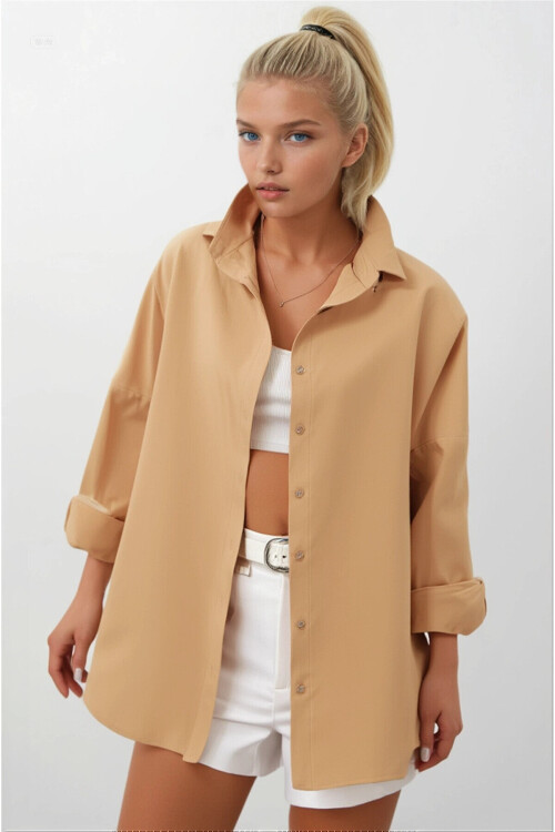 Kadın Camel Oversize Uzun Basic Gömlek PLD22W-3118