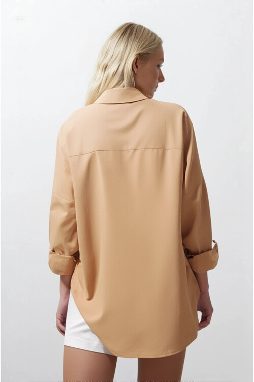 Kadın Camel Oversize Uzun Basic Gömlek PLD22W-3118