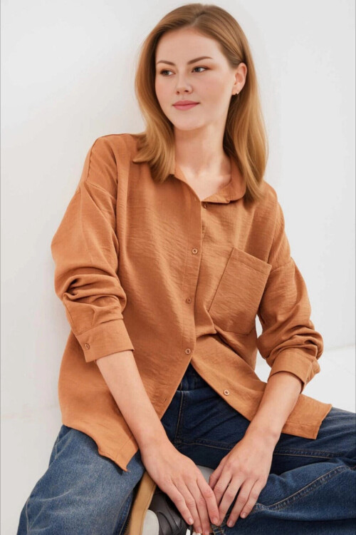 Kadın Camel Tek Cepli Oversize Keten Ayrobin Gömlek PLD24S-3121