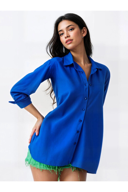 Kadın Canlı Mavi Oversize Uzun Basic Gömlek PLD22W-3118